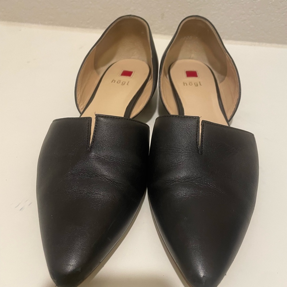 Black Leather Pointed D'Orsay Flats